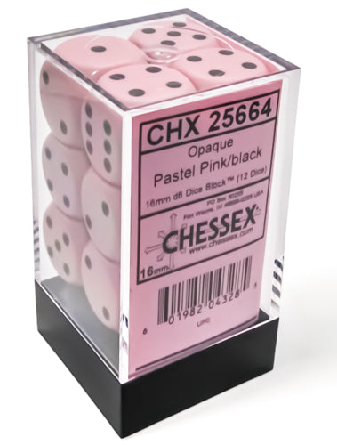 Opaque: Pastel Pink/black 16mm D6 Dice Block (12)
