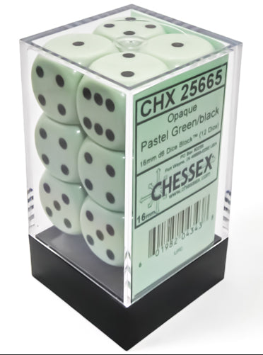 Opaque: Pastel Green/black 16mm D6 Dice Block (12)