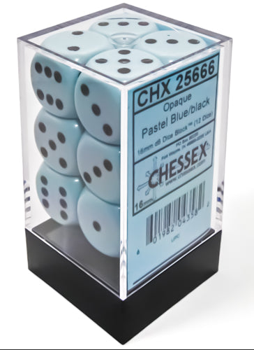 Opaque: Pastel Blue/black 16mm D6 Dice Block (12)