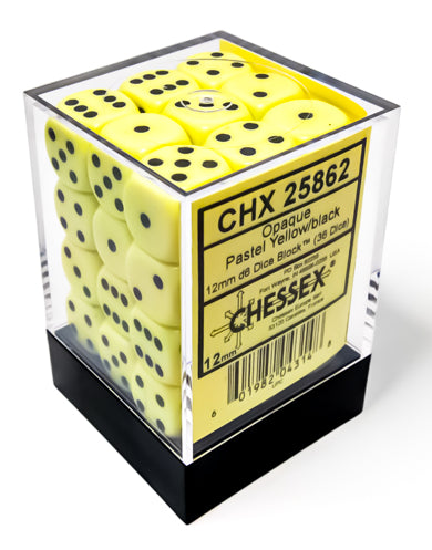 Opaque: Pastel Yellow/black  12mm D6 Dice Block (36)