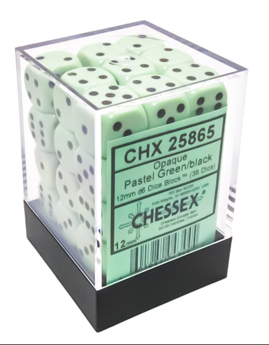 Opaque: Pastel Green/black 12mm D6 Dice Block (36)