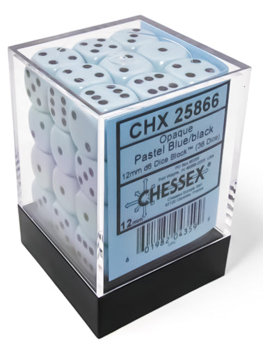 Opaque: Pastel Blue/black 12mm D6 Dice Block (36)