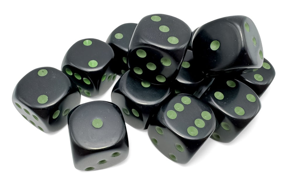 Opaque: Black/green 16mm D6 Dice Block (12)