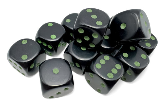 Opaque: Black/green 16mm D6 Dice Block (12)
