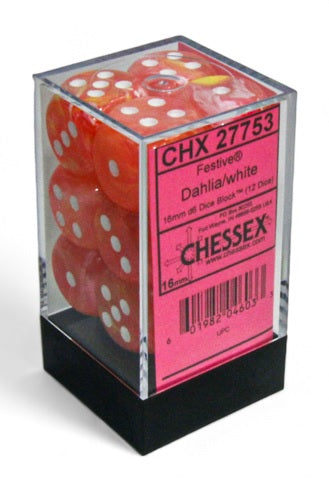 Festive: Dahlia/white Luminary 16mm D6 Dice Block (12)