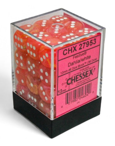 Festive: Dahlia/white 12mm D6 Dice Block (36)