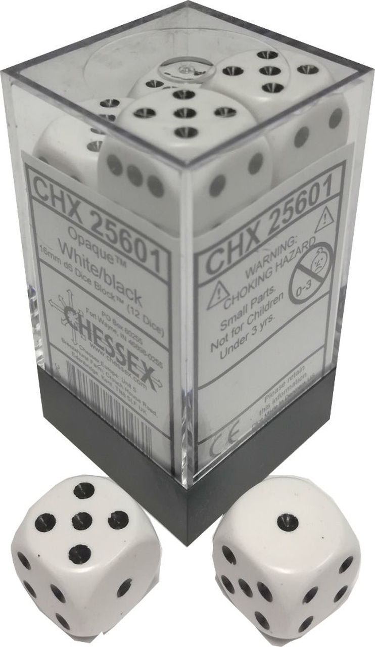 Opaque: White/Black 16mm D6 Dice Block (12)