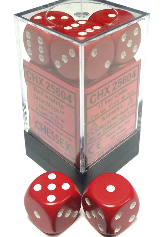 Opaque: Red/White 16mm D6 Dice Block (12)