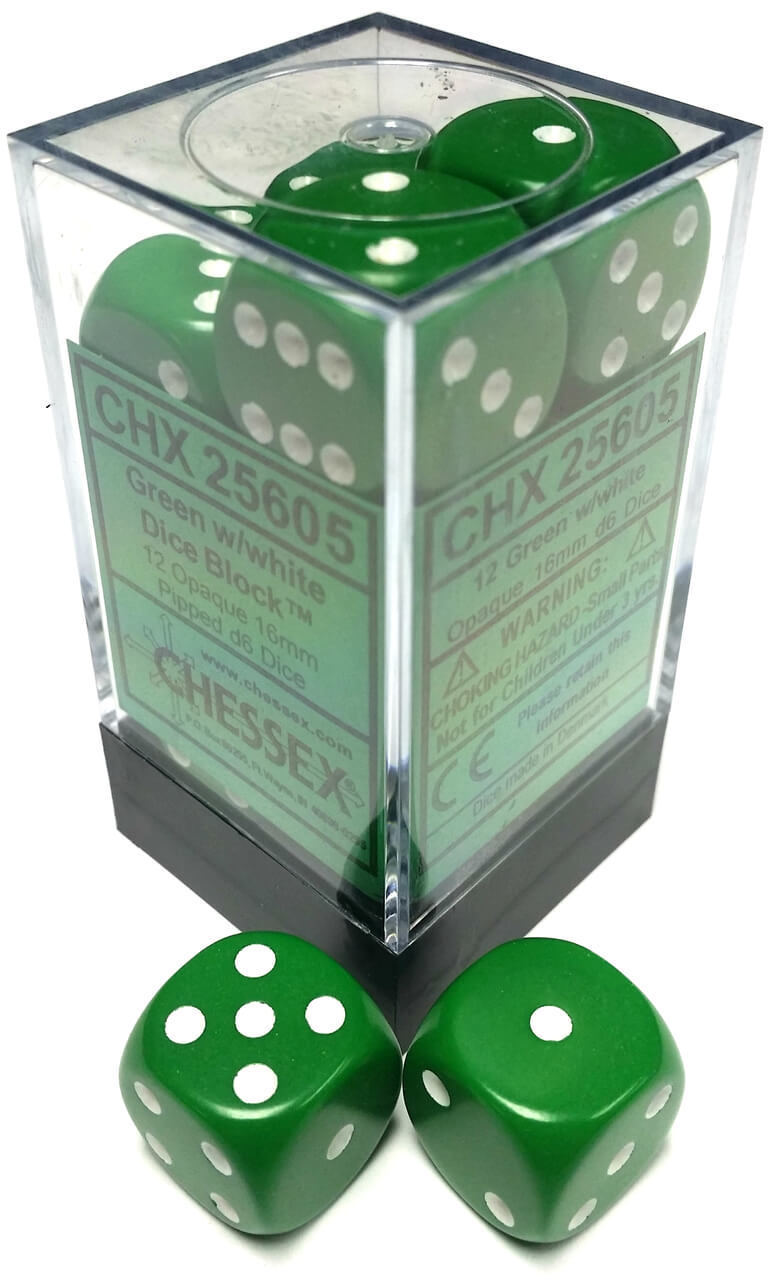 Opaque: Green/White 16mm D6 Dice Block (12)