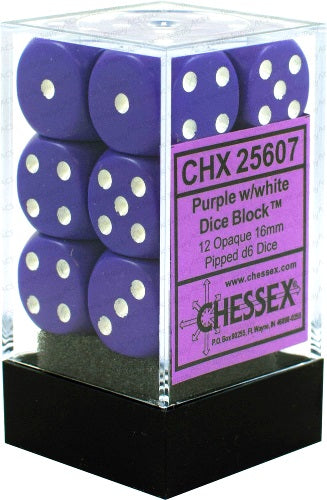 Opaque: Purple/White 16mm D6 Dice Block (12)