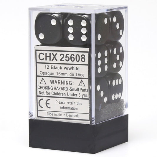 Opaque: Black/White 16mm D6 Dice Block (12)
