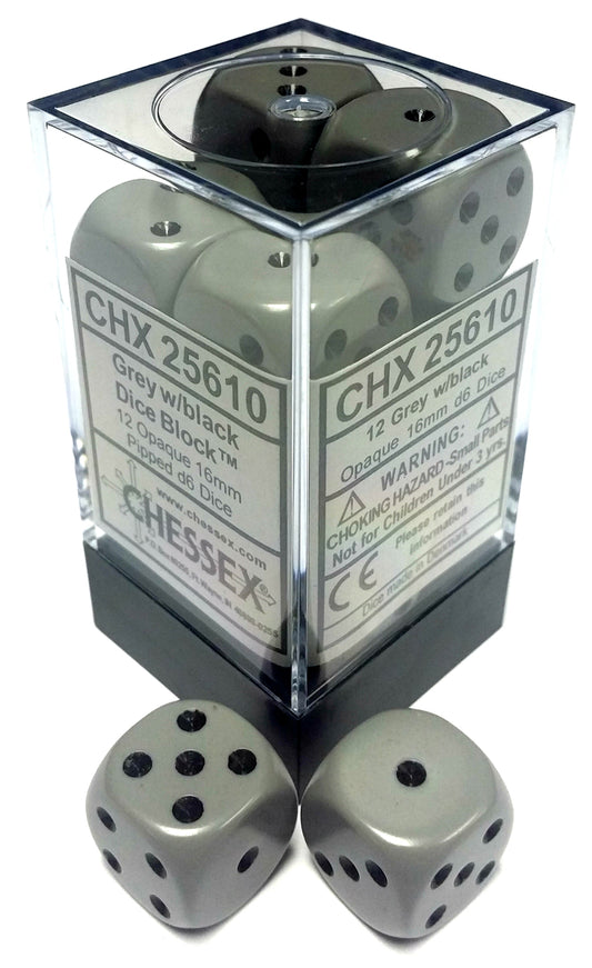 Opaque: Grey/Black 16mm D6 Dice Block (12)