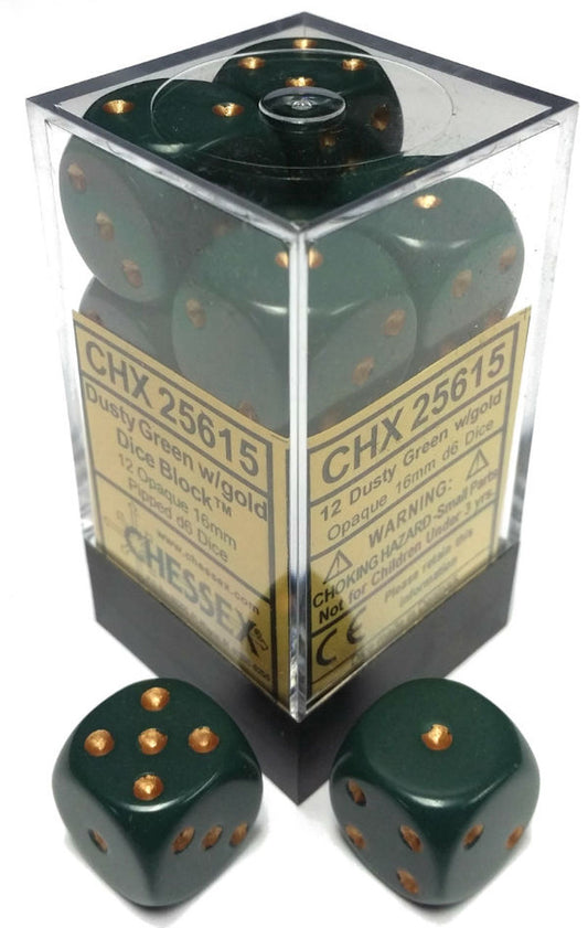 Opaque: Dusty Green/Copper 16mm D6 Dice Block (12)