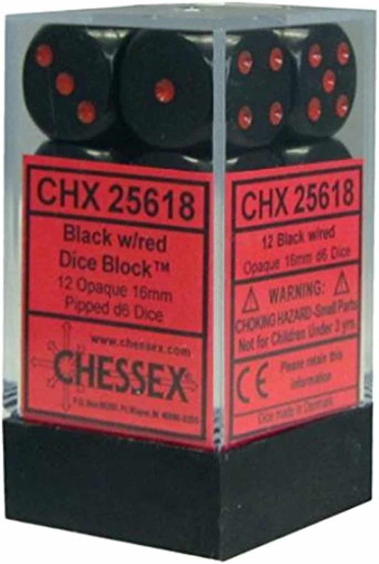 Opaque: Black/Red 16mm D6 Dice Block (12)