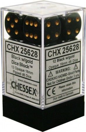 Opaque: Black/Gold 16mm D6 Dice Block (12)