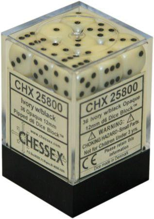 Opaque: Ivory/Black 12mm D6 Dice Block (36)