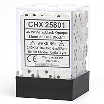 Opaque: White/Black 12mm D6 Dice Block (36)