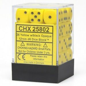Opaque: Yellow/Black 12mm D6 Dice Block (36)