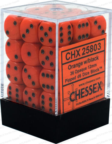 Opaque: Orange/Black 12mm D6 Dice Block (36)