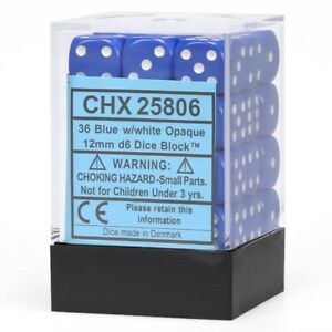 Opaque: Blue/White 12mm D6 Dice Block (36)