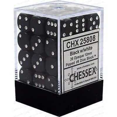 Opaque: Black/White 12mm D6 Dice Block (36)
