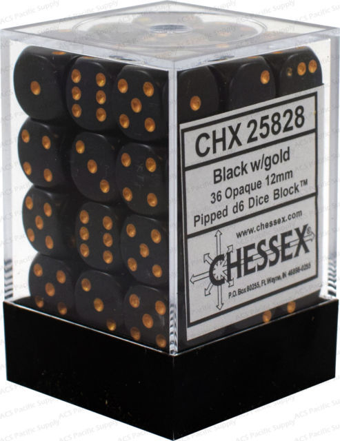 Opaque: Black/Gold 12mm D6 Dice Block (36)
