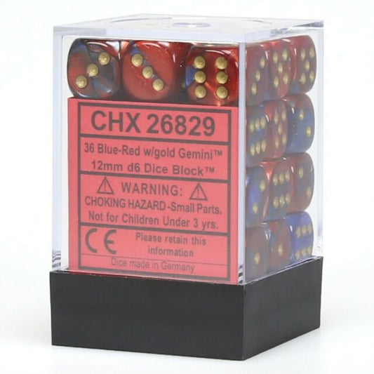Gemini: Blue-Red/Gold 12mm D6 Dice Block (36)