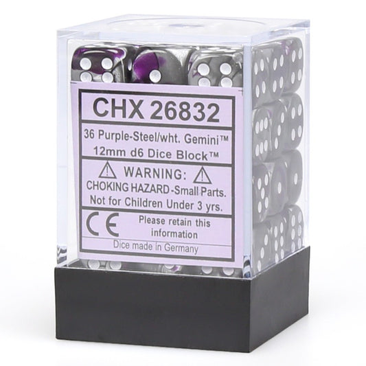 Gemini: Purple Steel/White 12mm D6 Dice Block (36)