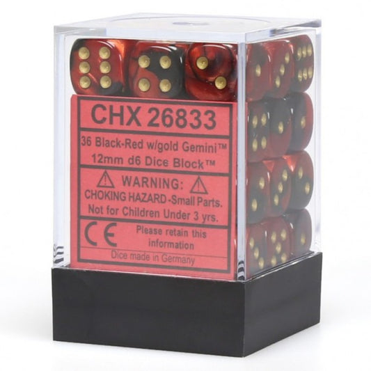 Gemini: Black-Red/Gold 12mm D6 Dice Block (36)