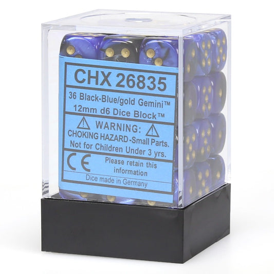 Gemini: Black-Blue/Gold 12mm D6 Dice Block (36)