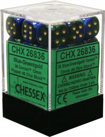 Gemini: Blue-Green Gold 12mm D6 Dice Block (36)