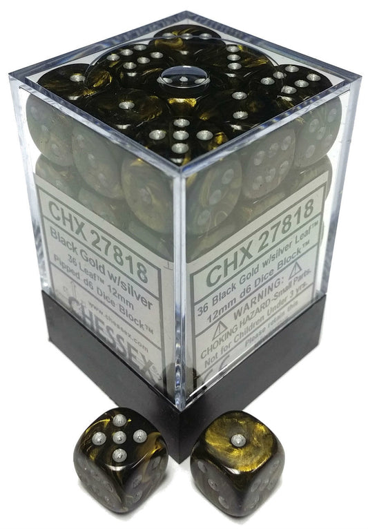 Leaf: Black-Gold/Silver 12mm D6 Dice Block (36)