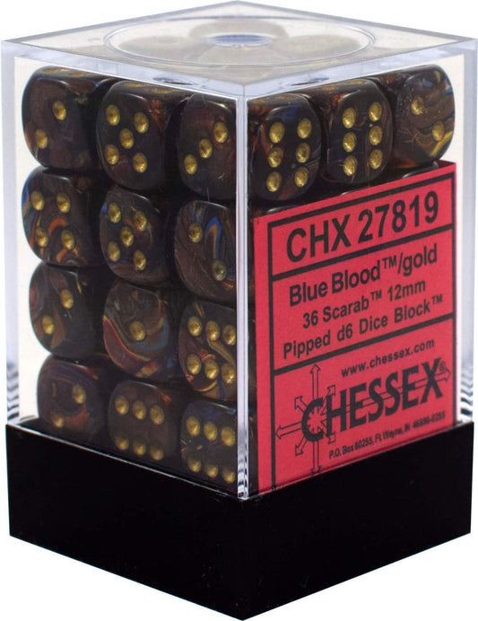 Scarab: Blue Blood/Gold 12mm D6 Dice Block (36)