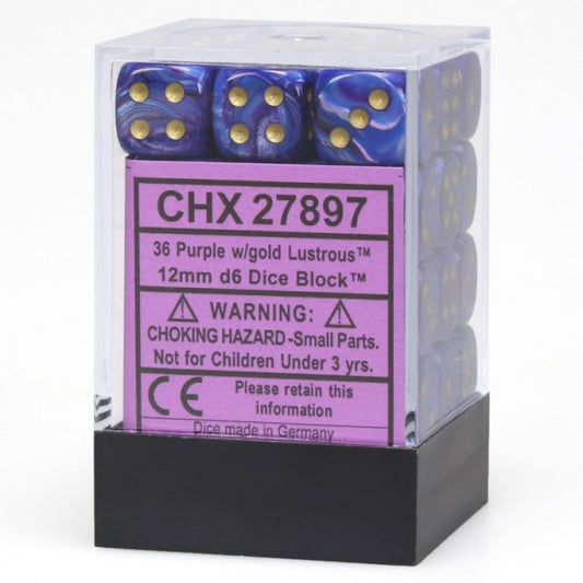 Lustrous: Purple/Gold 12mm D6 Dice Block (36)