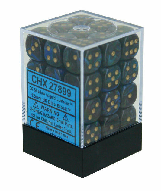Lustrous: Shadow/Gold 12mm D6 Dice Block (36)
