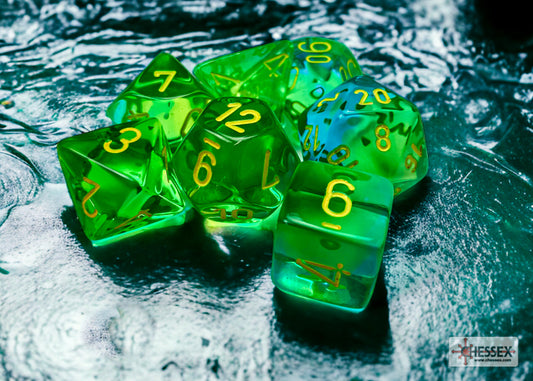 Gemini: Translucent Green-Teal/yellow Polyhedral 7-Dice Set