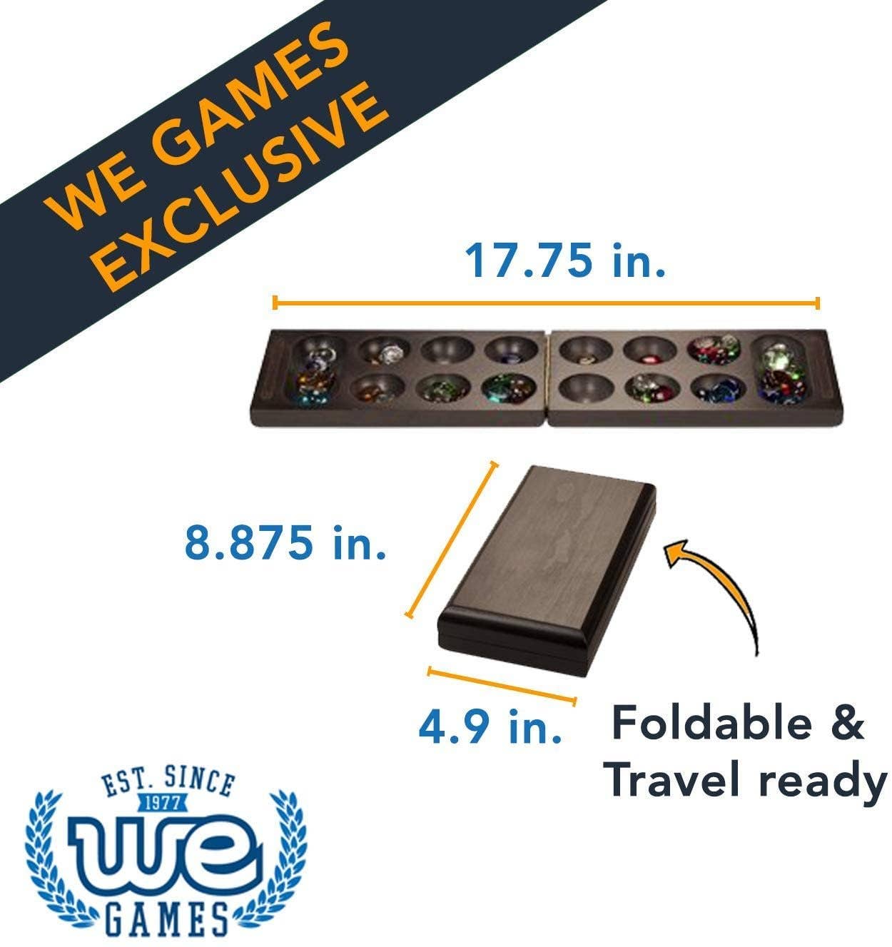Folding Mancala Game - Dark Stained Wood & Glass Stones