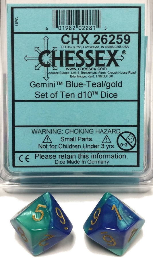 Gemini: Blue/Teal/Gold Set of Ten D10s