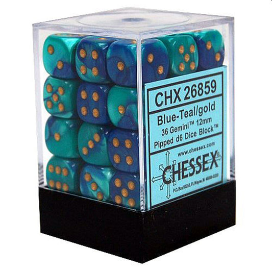 Gemini: Blue/Teal/Gold 12mm D6 Dice Block (36)