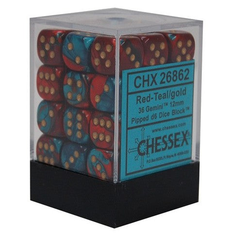 Gemini: Red-Teal/Gold 12mm D6 Dice Block (36)
