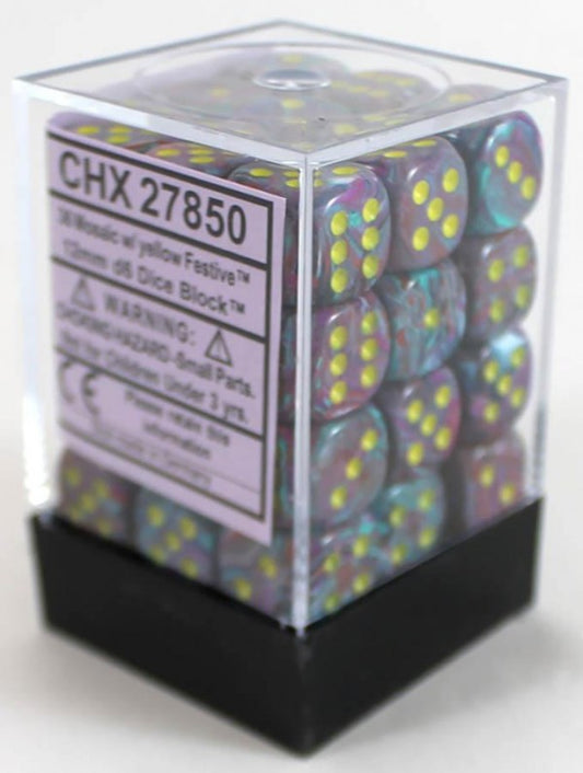 Festive: Mosaic/Yellow Blacklight Reactive 12mm D6 Dice Block (36)