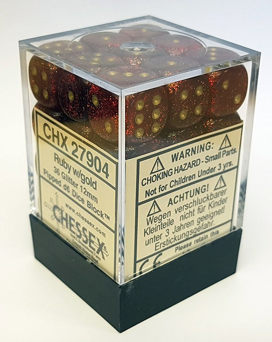 Glitter: Ruby/Gold 12mm D6 Dice Block (36)