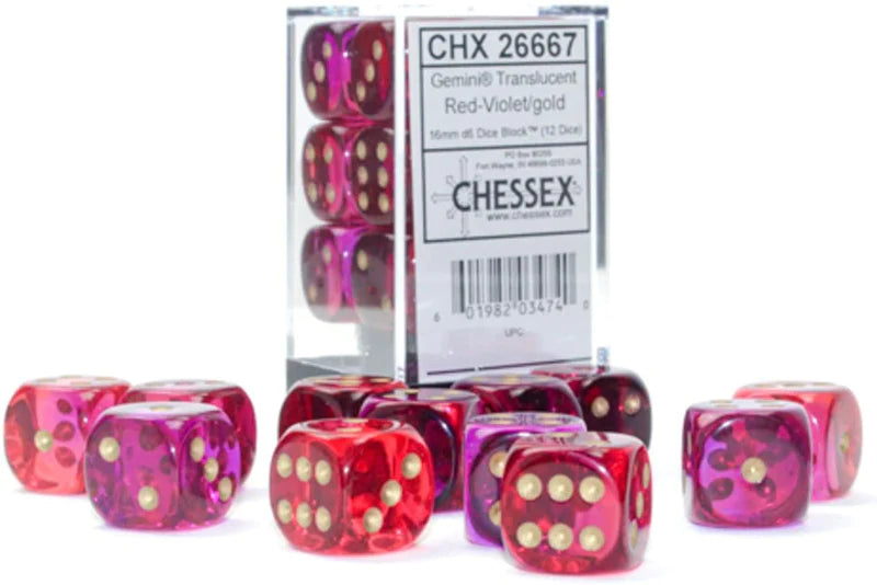 Gemini: Translucent Red-Violet/gold 16mm D6 Dice Block (12)