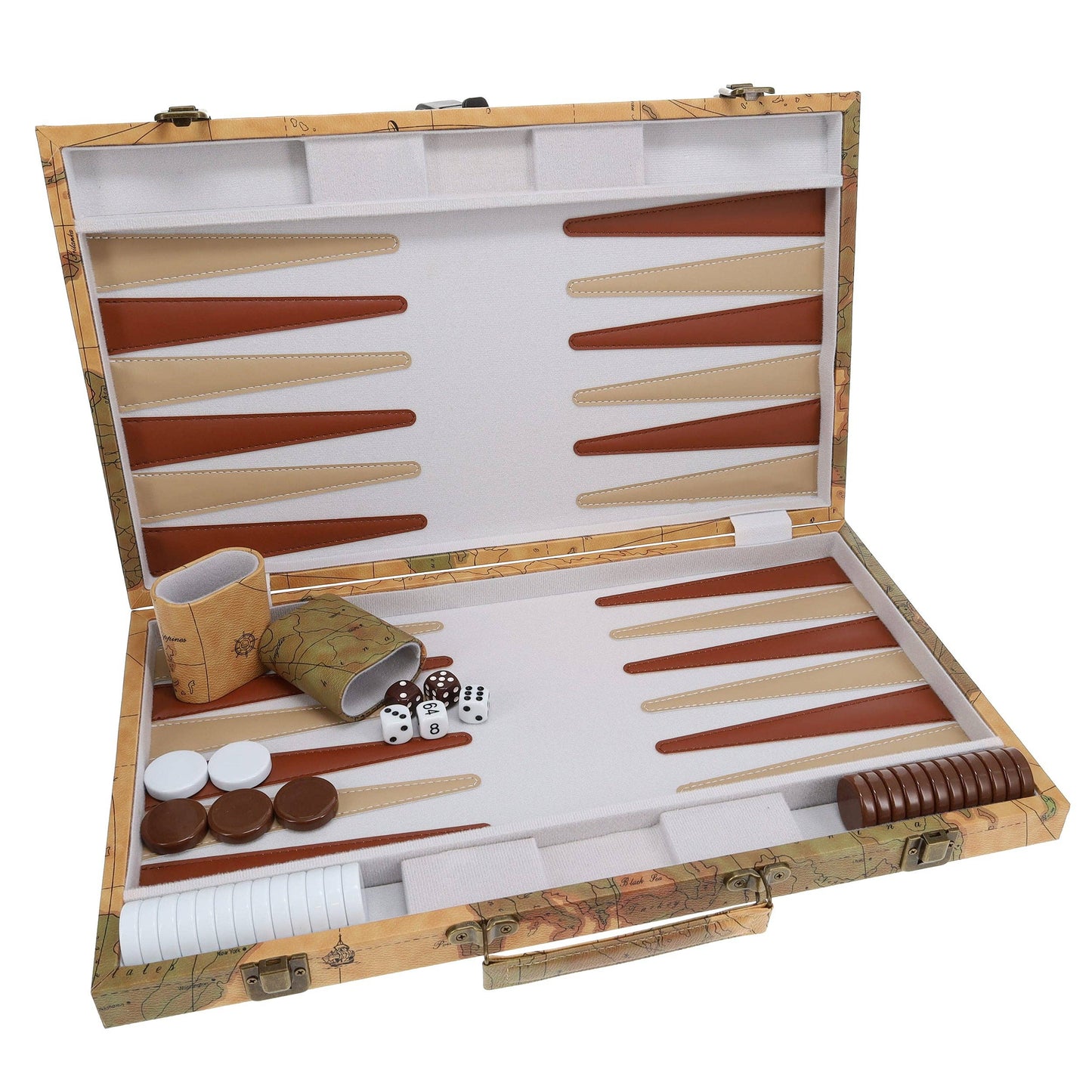 Tan Map Style Leatherette Backgammon Set, 14.75 x 9.75 in.