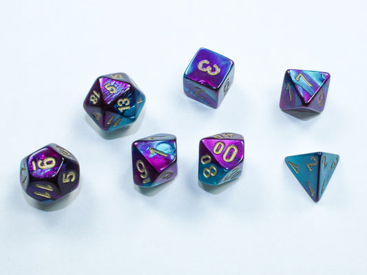 Gemini: Purple-Teal/gold Mini-Polyhedral 7-Die Set