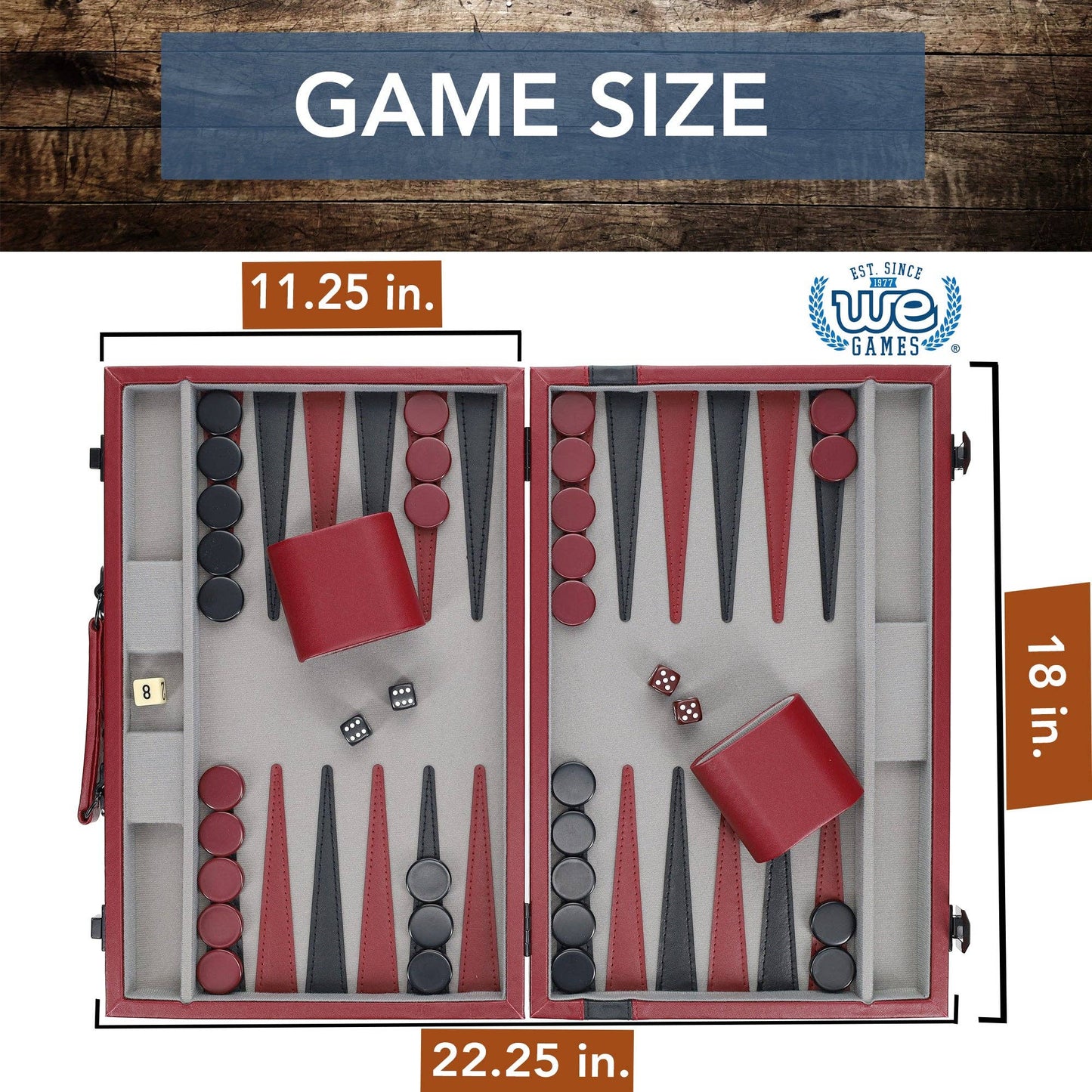 WE Games Burgundy/Black Leatherette Backgammon, 18 in.