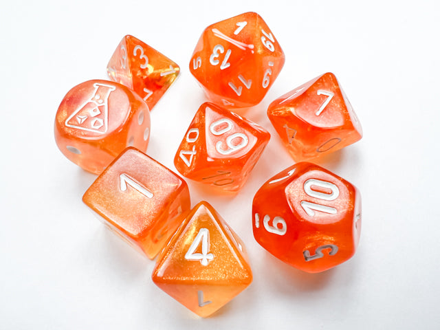 Lab Dice: Borealis Blood Orange/white Luminary Polyhedral 7-Dice Set (with bonus die)