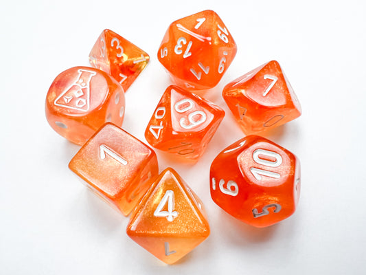 Lab Dice: Borealis Blood Orange/white Luminary Polyhedral 7-Dice Set (with bonus die)