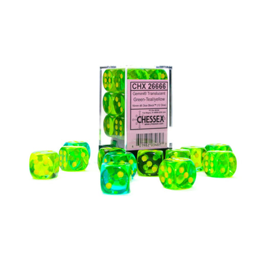 Gemini: Translucent Green-Teal/yellow 16mm D6 Dice Block (12)
