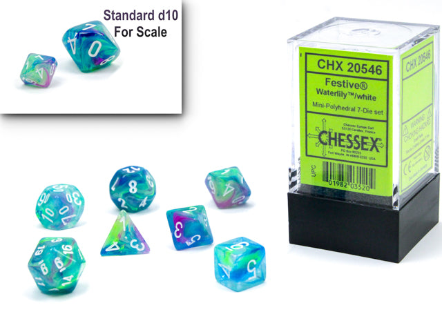 Festive: Waterlily/white Mini-Polyhedral 7-Die set